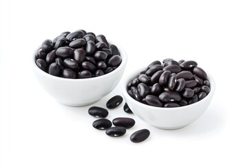 Black Beans in Two White Bowls on White Background