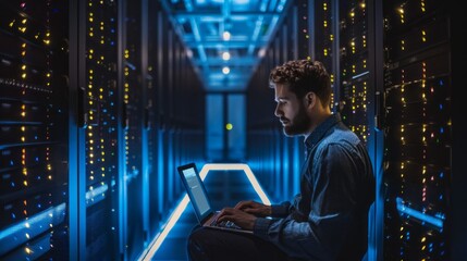 Aufkleber - A man is sitting in a room with a laptop, working on a project