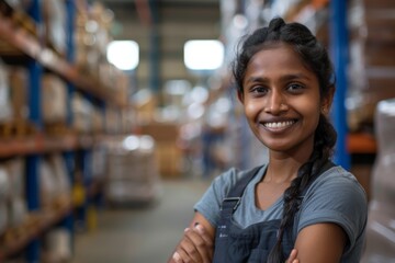 Wall Mural - Portrait of a smiling young adult female warehouse worker