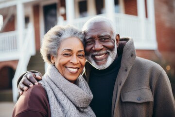 Wall Mural - Portrait of a smiling senior African American couple in front of house