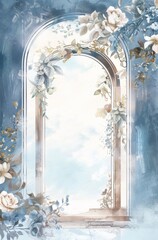 Watercolor Victorian Arched Doorways with Floral and Sky Background in Light Blue, White, and Beige