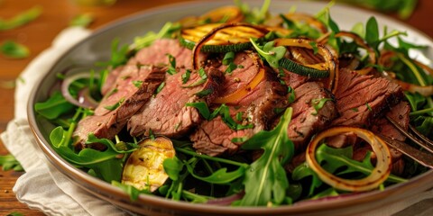 Wall Mural - Sliced cold cuts of roast beef with zucchini and onion rings on a bed of rocket lettuce in a stylish bowl