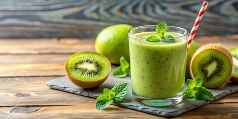 Poster - A refreshing glass of kiwi smoothie with a striped straw and fresh fruit slices, kiwi, smoothie, glass, straw, fruit