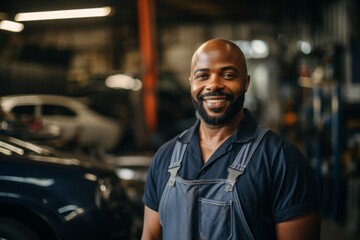 Wall Mural - Smiling portrait of a middle aged car mechanic in workshop