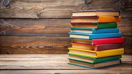 Aufkleber - Stack of colorful books on wooden surface, education, reading, literature, knowledge, school, library, study, learning