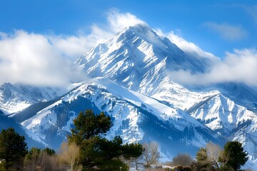 Sticker - Majestic Snow-Capped Mountain Peak with Clouds.