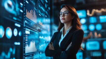 Poster - A confident woman in business attire standing in front of a digital screen displaying business analytics and charts.
