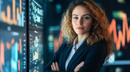 Poster - A confident woman in business attire standing in front of a digital screen displaying business analytics and charts.