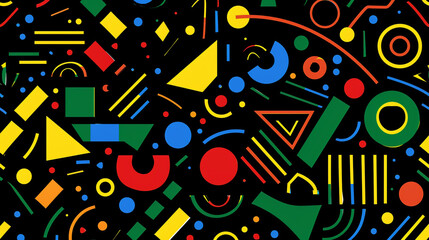 Canvas Print - An abstract pattern with colorful shapes and lines on black background. Arranged in random positions. 