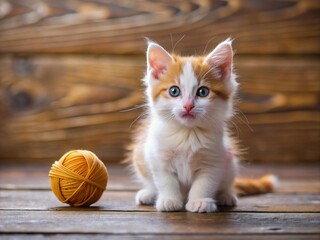 Wall Mural - Adorable Turkish Van kitten with white fur and vibrant orange markings plays with a ball of yarn on a cozy, rustic wooden floor.