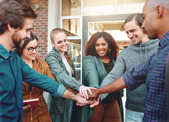 Poster - Happy, group and students with hands stack for support at university, agreement and synergy of studying goal. Diversity, smile and people with team building, trust and learning for education growth