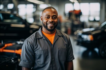 Wall Mural - Smiling portrait of a middle aged car mechanic in workshop