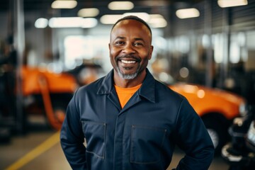 Wall Mural - Smiling portrait of a middle aged car mechanic in workshop