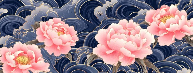 Wall Mural - Chinese style background mural, wave pattern with pink peonies