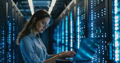 Aufkleber - A woman is typing on a laptop in a room with many computer monitors