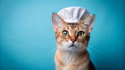 Wall Mural - Adorable Singapura cat dons a tiny chef hat, whiskers twitching, against a stunning sapphire blue background, exuding culinary charm and playful feline sophistication.