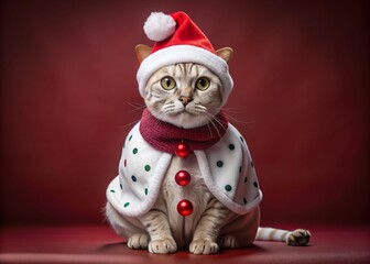 Wall Mural - Adorable bald cat dressed in snowman onesie and hat sits on burgundy red background, whiskers twitching, eyes shining with festive holiday cheer and mischief.