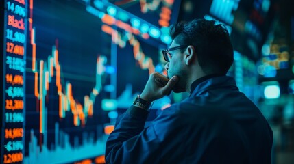 Worried man looking at his screen in his stock exchange office. black monday concept, fall in values