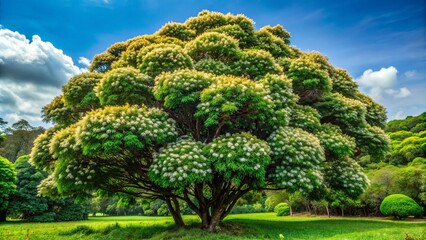 Majestic evergreen Neolamarckia cadamba tree with fragrant flowers and dense foliage, native to South and Southeast Asia, stands tall in a lush, vibrant forest landscape.