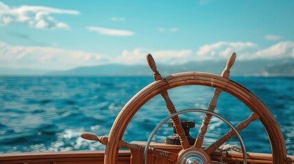 Canvas Print - A close-up image of a wooden ship wheel on a boat with a blurry background of ocean water and a blue sky.