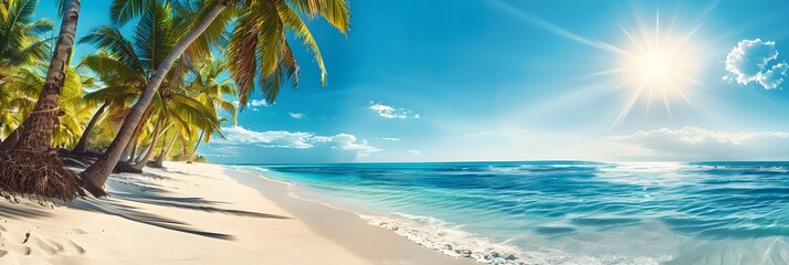 A tropical beach scene with palm trees, sun, and blue ocean waves