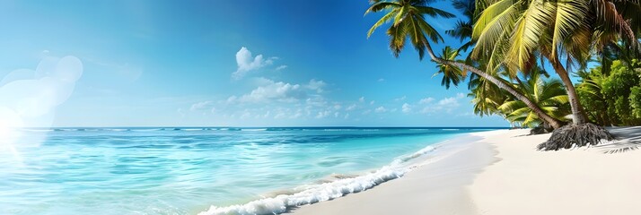 Wall Mural - A tropical beach scene with palm trees, sun, and blue ocean waves