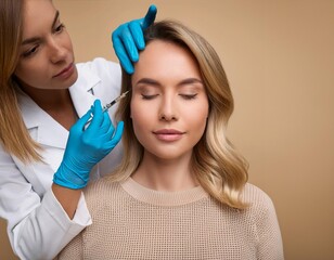 Wall Mural - Cosmetologist doctor making botox injection in forehead to young scandinavian woman, lady