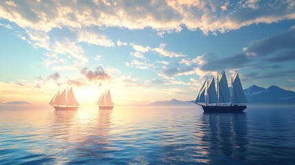 Wall Mural - Two Sailboats at Sunset on a Calm Sea