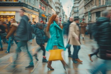 A woman in a blue coat with a yellow handbag walks among a busy crowd in an urban street. The image captures the movement and energy of city life. Vibrant colors and dynamic composition. Generative AI