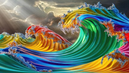 Poster - Vibrant Liquid Waves in Rainbow Colors  3D Illustration and Rendering of Fractal Patterns