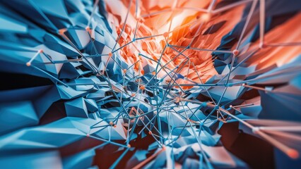 Poster - Abstract polygonal background featuring dots and lines showcasing a network connection structure in a 3D rendering Science and technology theme