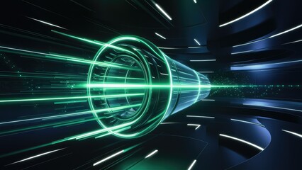 Poster - Abstract digital design featuring a green light spot in motion against a blue backdrop representing technology themes