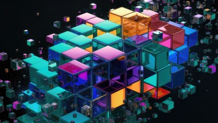 Poster - Vibrant Multicolored Transparent and Opaque Cubes Against Dark Background