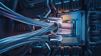 Aufkleber - 3D Illustration of Optical Fiber Cable with Computer Processor