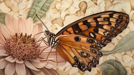 Poster - A detailed view of a butterfly resting on a flower, capturing the intricate patterns on its wings.