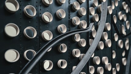 Poster - Abstract blurred image featuring numerous circular holes in a black steel wall The design showcases curved lines and circular white holes with dark outlines creating a decorative ef