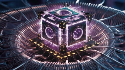Aufkleber - 3D render of abstract surreal fractal art featuring a futuristic alien cyber cube mechanism in transformation illuminated by purple laser lines on a wire aluminum structure