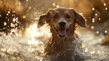 Aufkleber - A detailed view of a dog splashing in a shallow stream, with water droplets flying around and a look of happiness on its face.