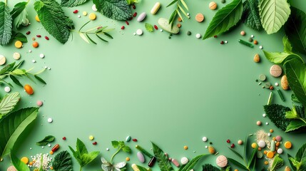 Wall Mural - An image of a green background with green leaves, various pills and a butterfly in the center. Generative AI