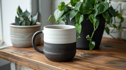 Wall Mural - Coffee mug and plant on wood desk, front view. Workspace with copy space