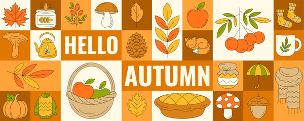 Wall Mural - Hello autumn, modern geometric horizontal poster, background with cozy fall elements. Minimalist abstract layout, seasonal vector illustration for banner, advertising, flyer, cover, party or festival