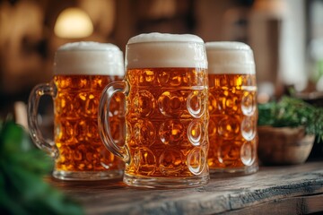 Mug beer. Full glasses of mug beer. Oktoberfest beer festival in Germany