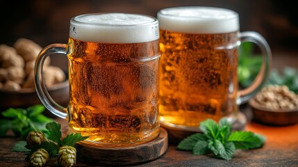 Mug beer. Full glasses of mug beer. Oktoberfest beer festival in Germany