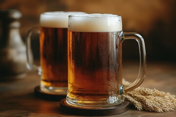 Mug beer. Full glasses of mug beer. Oktoberfest beer festival in Germany