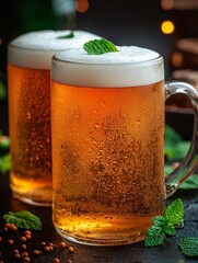 Mug beer. Full glasses of mug beer. Oktoberfest beer festival in Germany