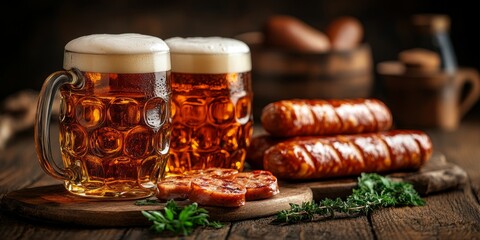 Mug beer. Full glasses of mug beer. Oktoberfest beer festival in Germany