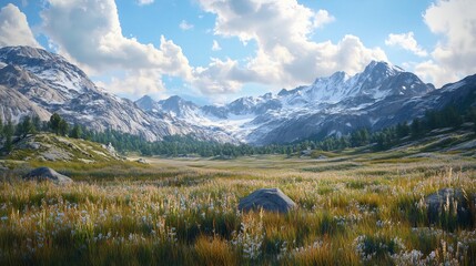 Wall Mural - Mountain Meadow with Snow-Capped Peaks