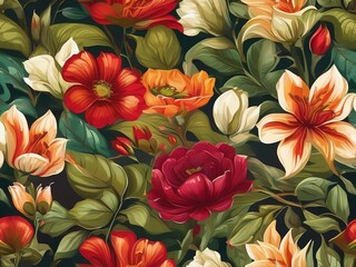 Wall Mural - An illustration of colorful vibrant flowers with green leaves