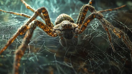 Close-up of a spider in its web, with intricate details and a haunting atmosphere.
