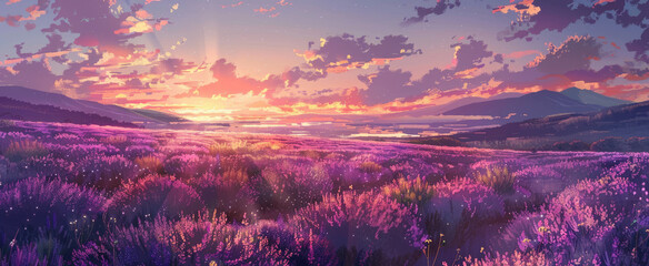 Wall Mural - A picturesque anime landscape of lavender fields under the setting sun, with mountains in the distance and an endless sea in front